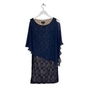 Connected Chiffon Overlay Lace Sheath Dress Navy/Mocha Size 6 NWT
